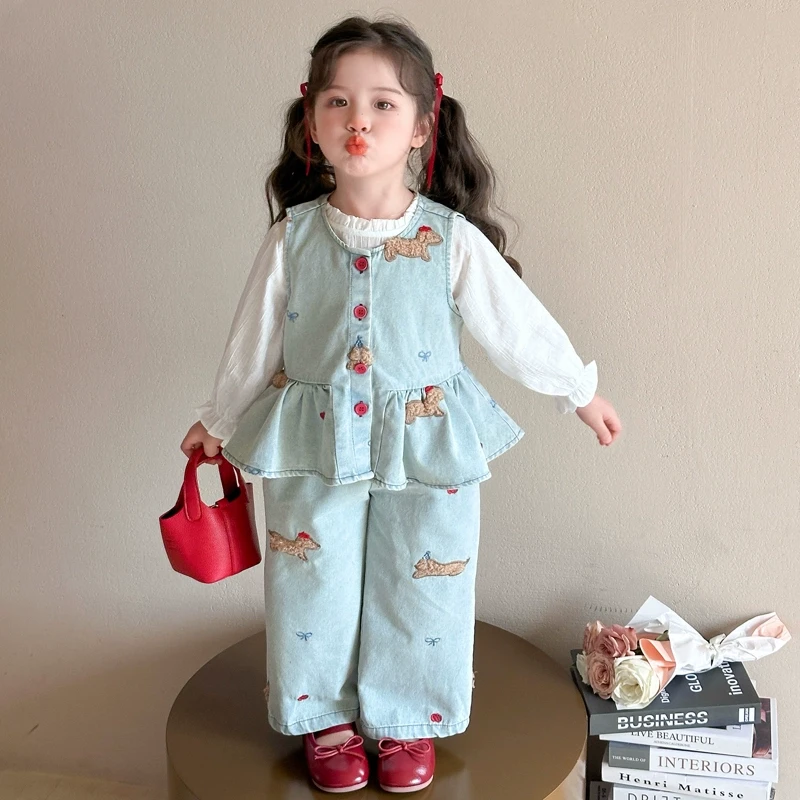 童装春季洋气套装2025新款儿童牛仔马甲三件套宝宝春秋款韩范衣服