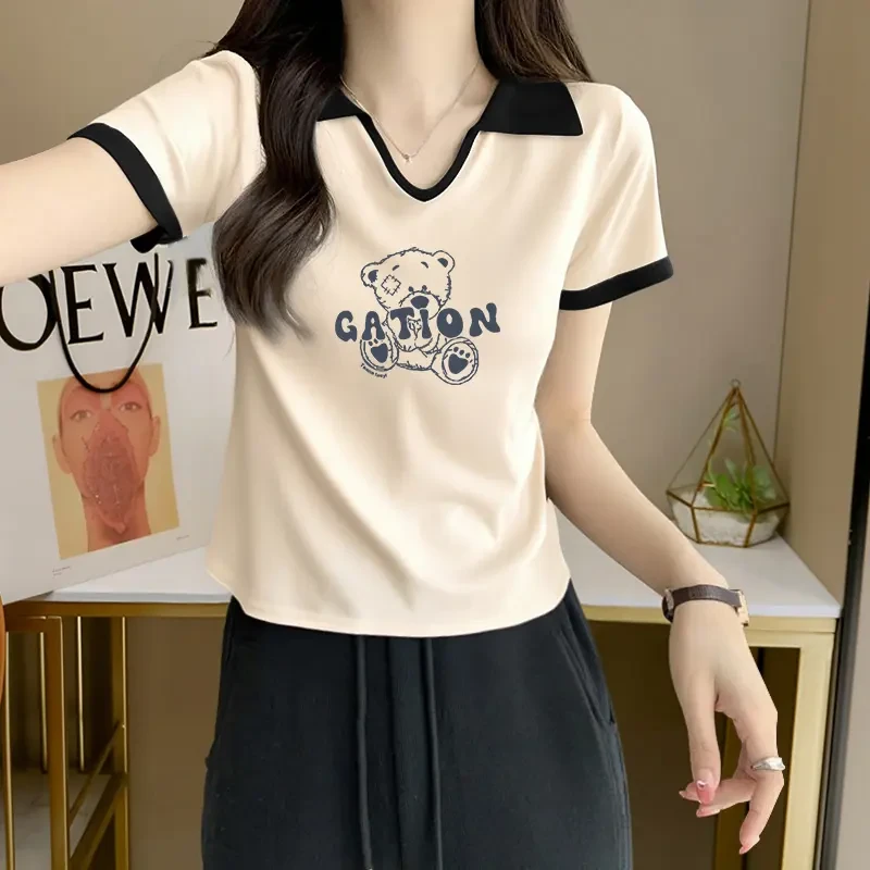 大码胖mm设计感小v翻领短袖T恤女士夏季韩版撞色修身显瘦印花上衣