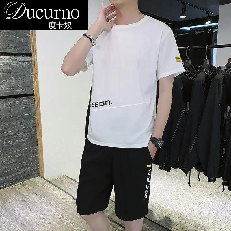 夏季休闲冰丝五分裤短袖运动套装男士薄款新款速干搭配一套潮流