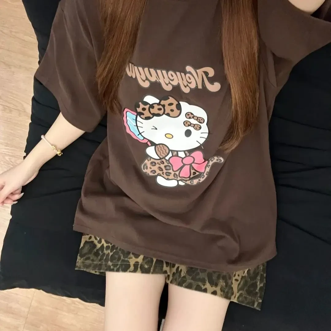睡衣女夏季甜美豹纹HelloKitty带胸垫短袖卡通短裤宽松舒适家居服