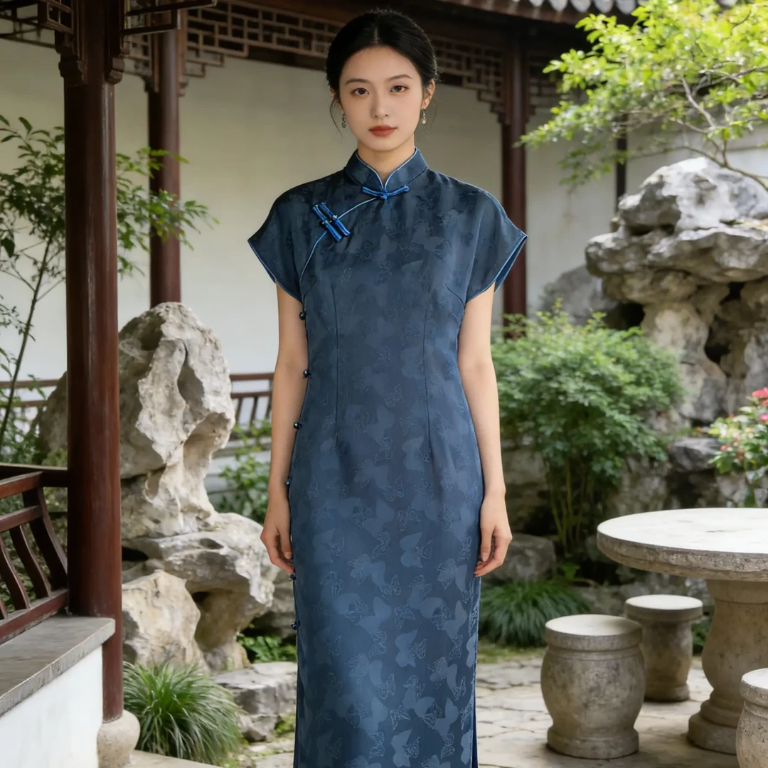 新款改良复古新中式修身显瘦长款全开襟蓝色旗袍