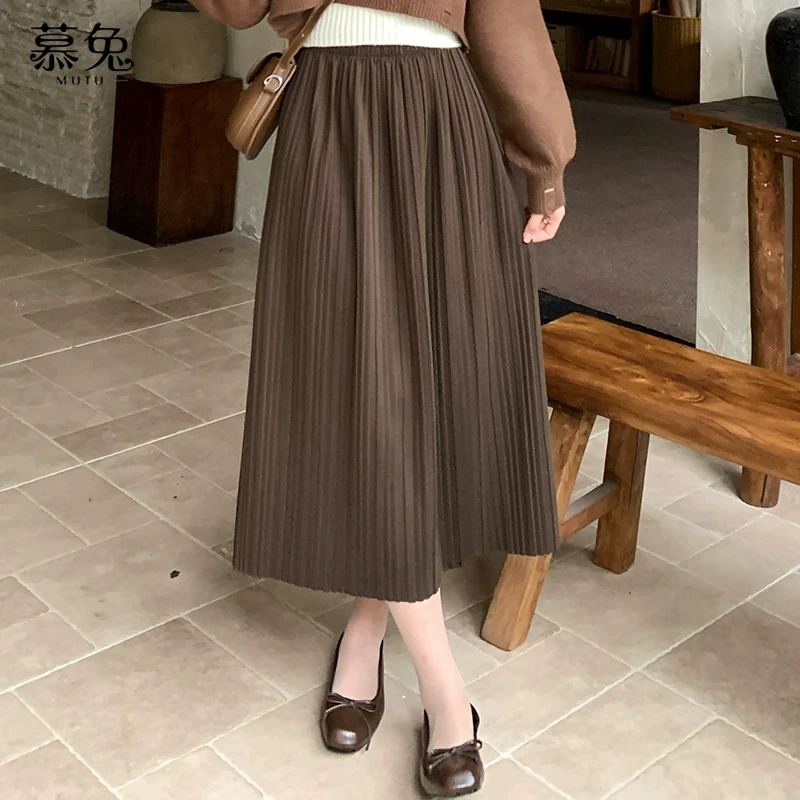 慕兔法式小个子a字百褶半身裙女2024秋季新款高腰显瘦中长款裙子