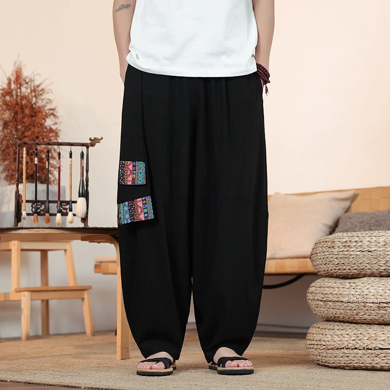 大码肥佬萝卜长裤男春夏宽松灯笼阔腿裤中国风藏式印花汉服休闲裤