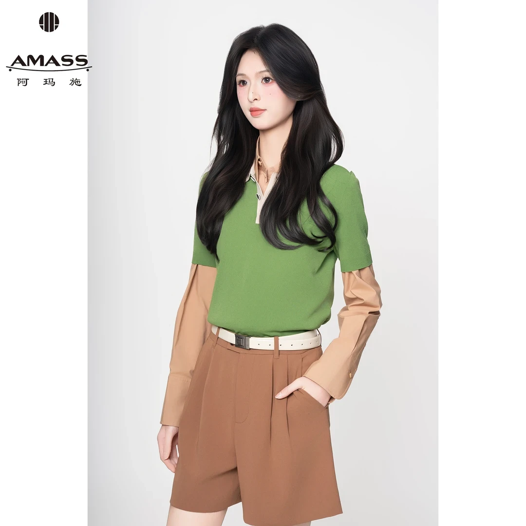 AMASS/阿玛施气质POLO衫拼色百搭冰丝短袖凉感针织女t恤5399689
