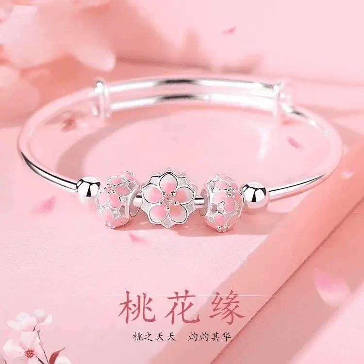 足银手镯 桃花缘实心纯银999手镯女浪漫百搭情人节送女朋友少女心