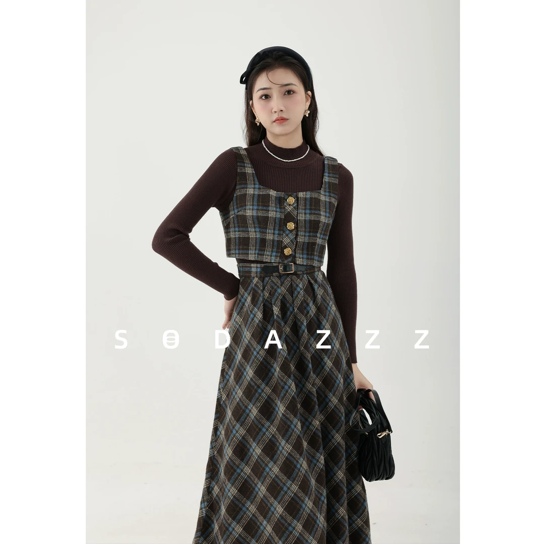 【ZBT直播间】秋冬季复古半高领针织吊带格子半身裙三件套ZQS018249