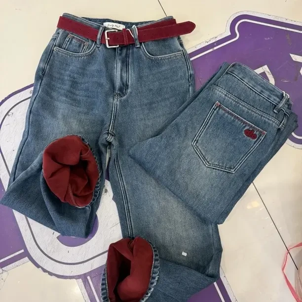 加绒加厚高腰显瘦阔腿直筒牛仔裤女秋冬时尚百搭裤子