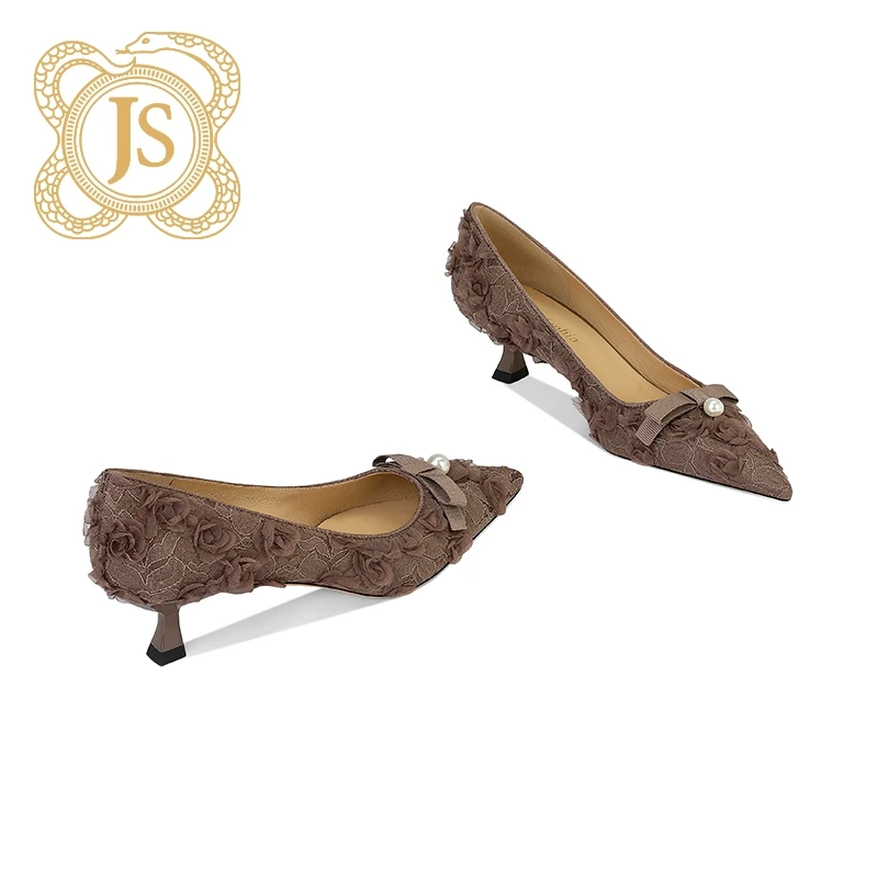已开价，1932D52524Z立体珍珠小细跟春秋女鞋蕾丝花朵仙气伴娘鞋