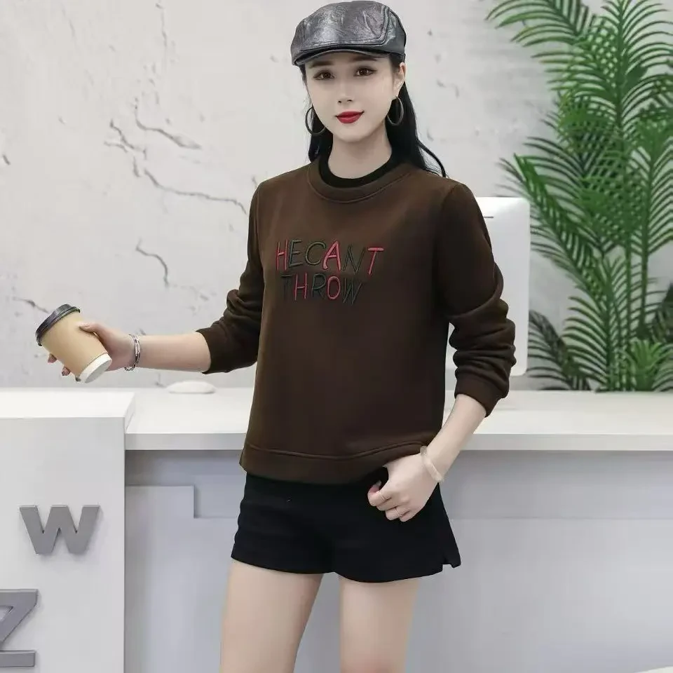 中老年妈妈装冬季新款圆领加绒加厚保暖舒适宽松时尚卫衣打底上衣