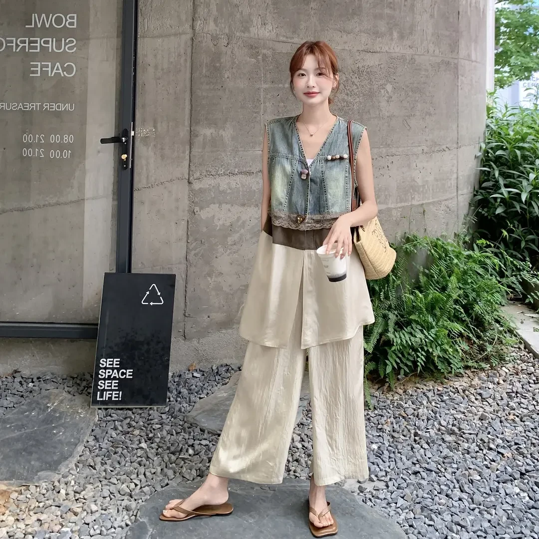 中长款V领拼接牛仔马甲高腰阔腿裤套装时尚两件套女2025夏季新款