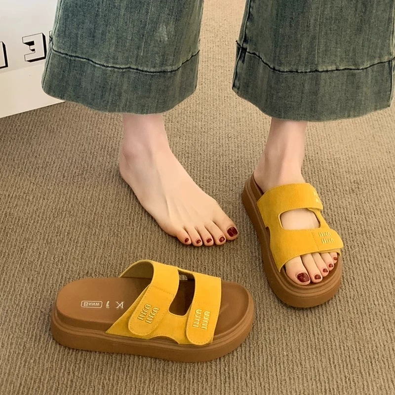 【DR旗舰正品】真皮厚底黄色勃肯拖鞋女夏外穿2025新款魔术贴海边