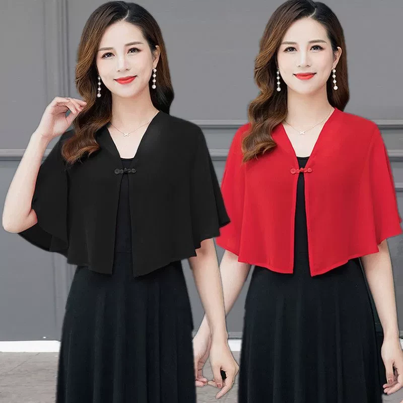 雪纺防晒小披肩夏季配裙子薄款旗袍斗篷外搭短款复古披风开衫