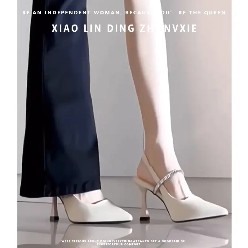 米白色凉鞋小众高级感法式细跟高跟鞋女2025新款夏季水钻包头单鞋