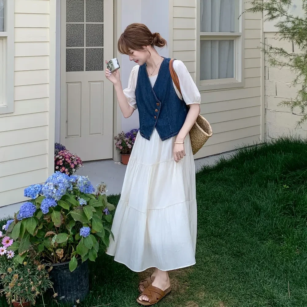 复古气质牛仔马甲连衣裙两件套女2025夏季新款法式温柔风穿搭套装