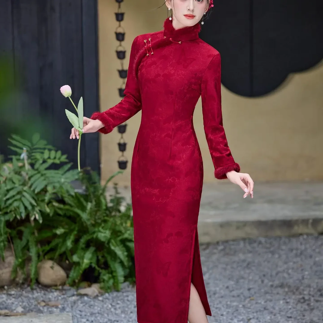 新中式国风改良大摆旗袍加厚保暖冬款日常显瘦长袖复古婚礼礼服裙