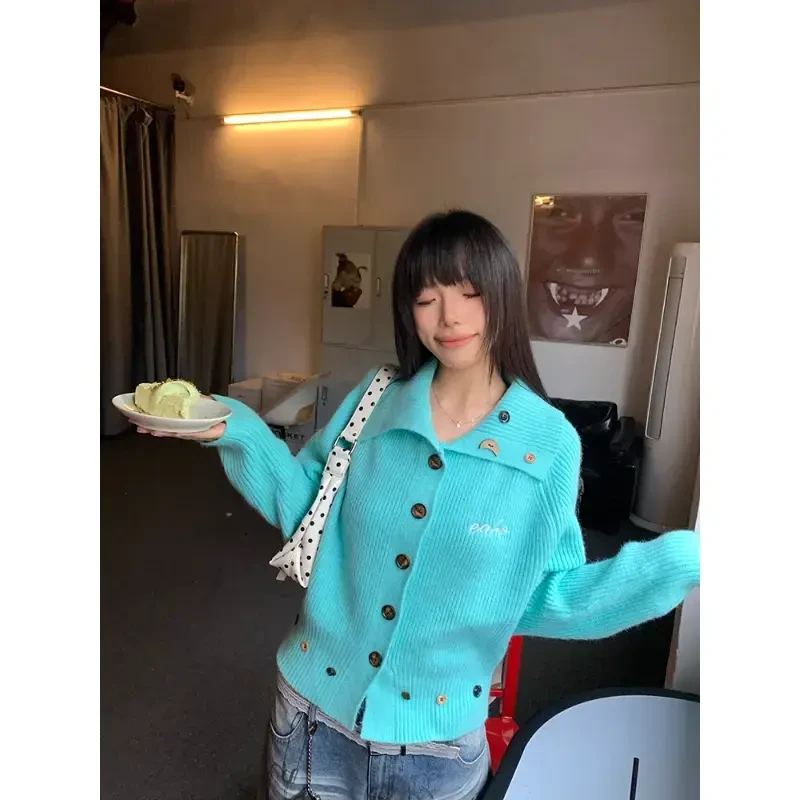 美式慵懒风排扣领开衫针织毛衣女2025秋新款宽松百搭休闲软糯外套