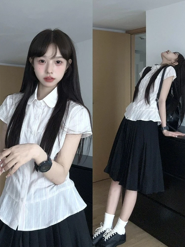 韩系学院风短袖衬衫女夏季小个子时尚气质百搭薄款显瘦翻领衬衣潮