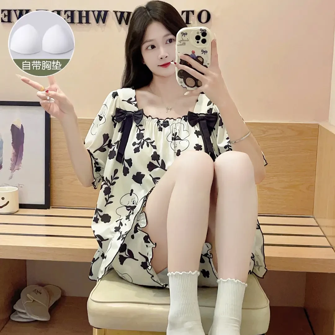 带胸垫短袖睡衣女夏季新款冰丝螺纹甜美宽松女士睡衣可外穿家居服