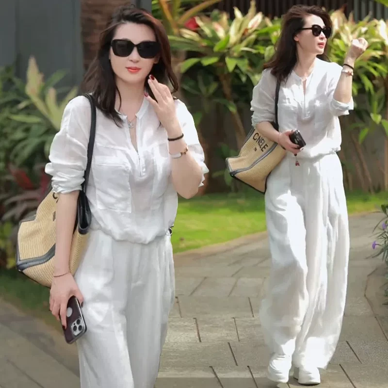 时尚休闲苎麻套装女2025春季新款宽松气质长袖衬衫阔腿裤两件套潮