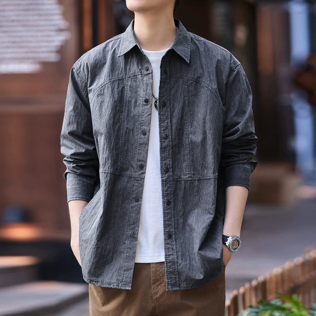 格蓝鹿美式复古水洗长袖衬衫男秋季潮牌宽松百搭通勤工装衬衣外套