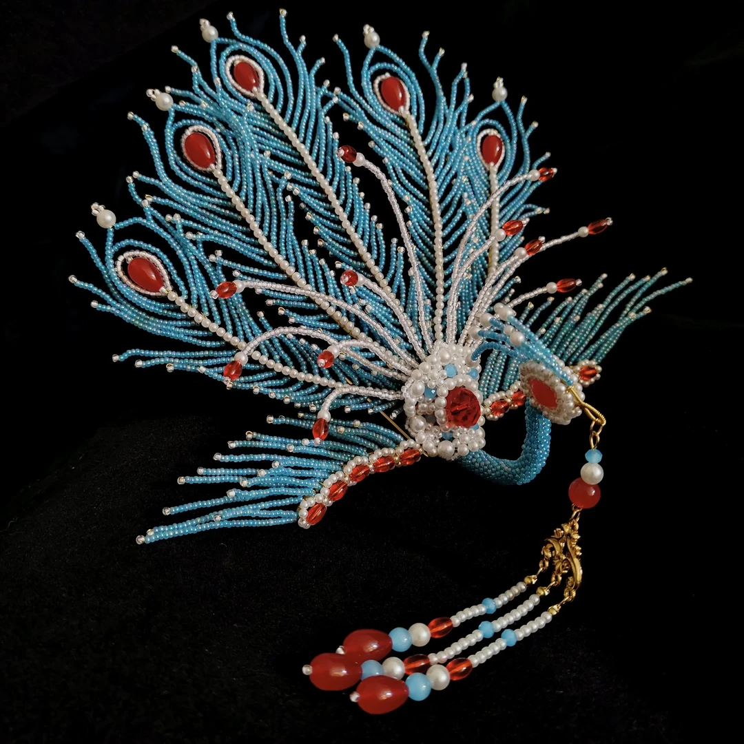 五尾蓝色米珠凤凰发冠材料包民族风流苏唐制古风宫廷新中式