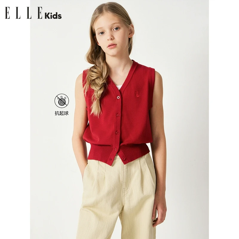 ELLE KIDS学院风春秋款复古V领刺绣宽松毛衣马甲C2