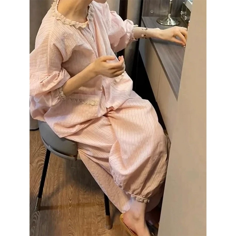 【日系蕾丝荷叶边】棉纱睡衣套装女春夏新款长袖长裤家居服可外穿