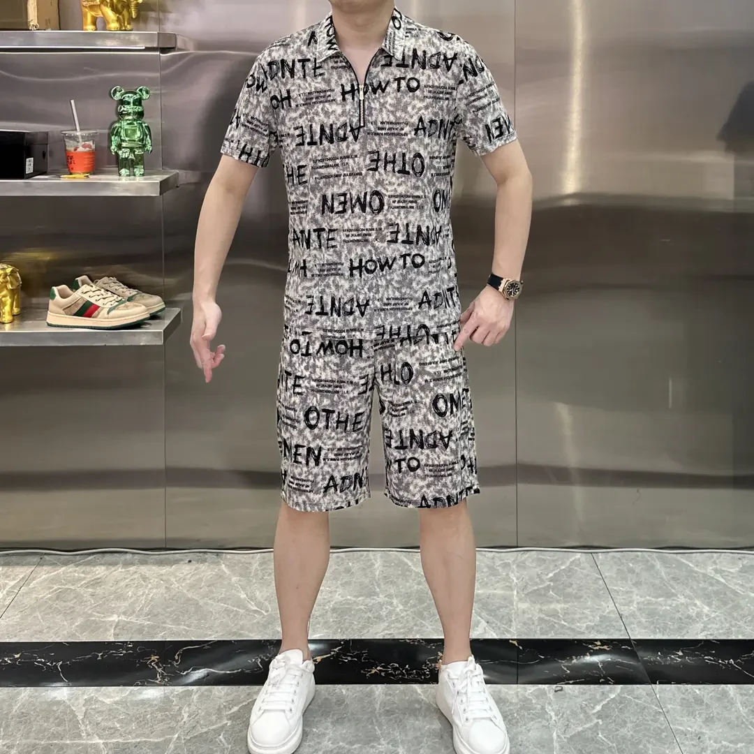 特大码300斤夏季花色拉链衫男士休闲百搭翻领短袖短裤子套装两件