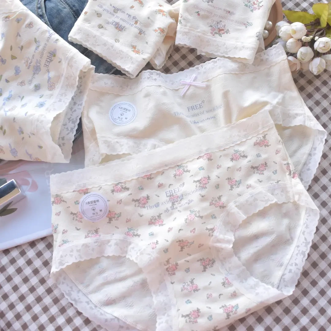 莫奈花园花朵纯棉内裤蕾丝女中腰碎花可爱女生7A7岁纯棉宽腰女童