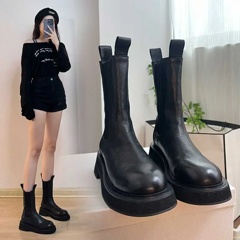 切尔西皮靴女中筒烟筒靴水洗马皮厚底英伦风靴子春夏短靴春秋女靴