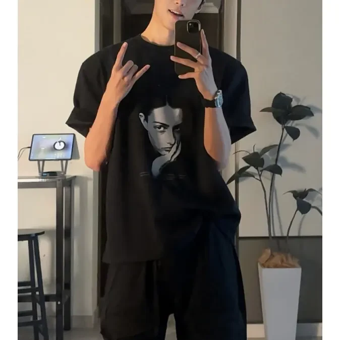 美式重磅100%纯棉黑色短袖男T恤夏季新款小众设计感情侣款上衣ins