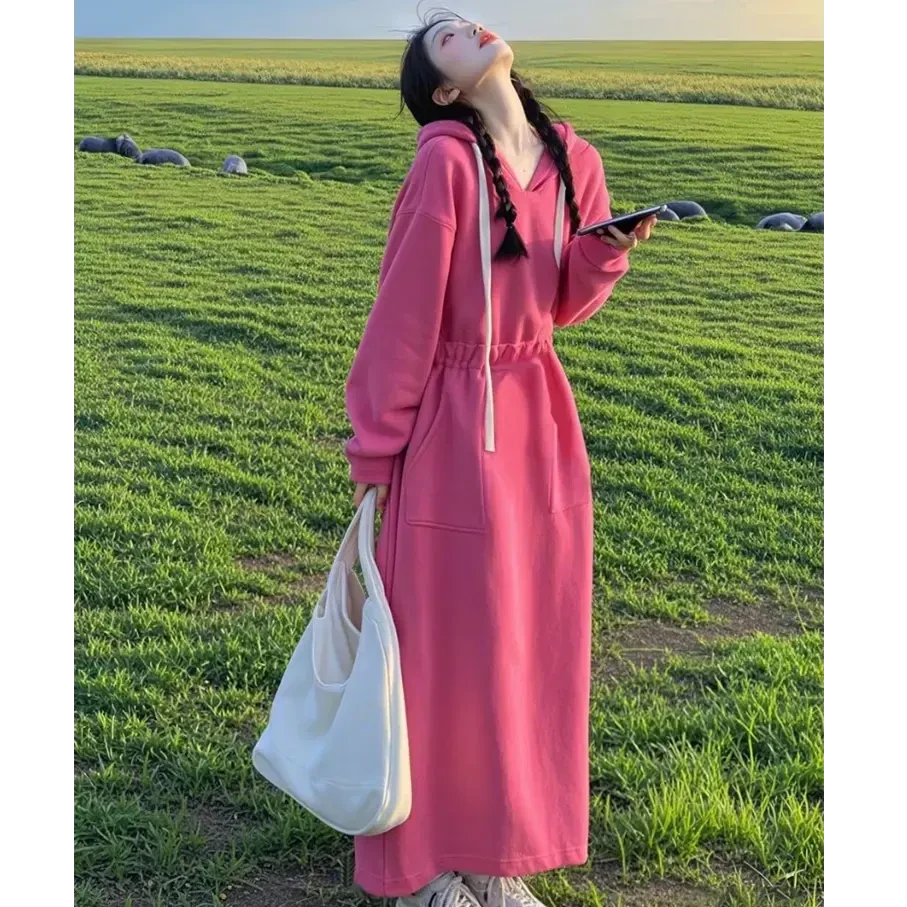 2025年新款小个子洋气漂亮独特超好看宽松显瘦粉色连帽卫衣连衣裙