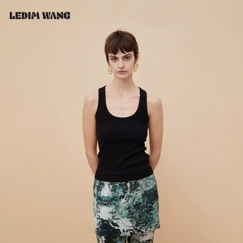 LEDIM WANG百搭基础款工字形打底背心女刺绣修身清凉感简约内搭