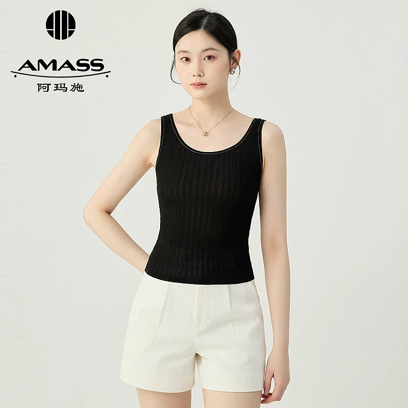 AMASS/阿玛施新款简约百搭领口金银丝包边修身显瘦针织背心538014