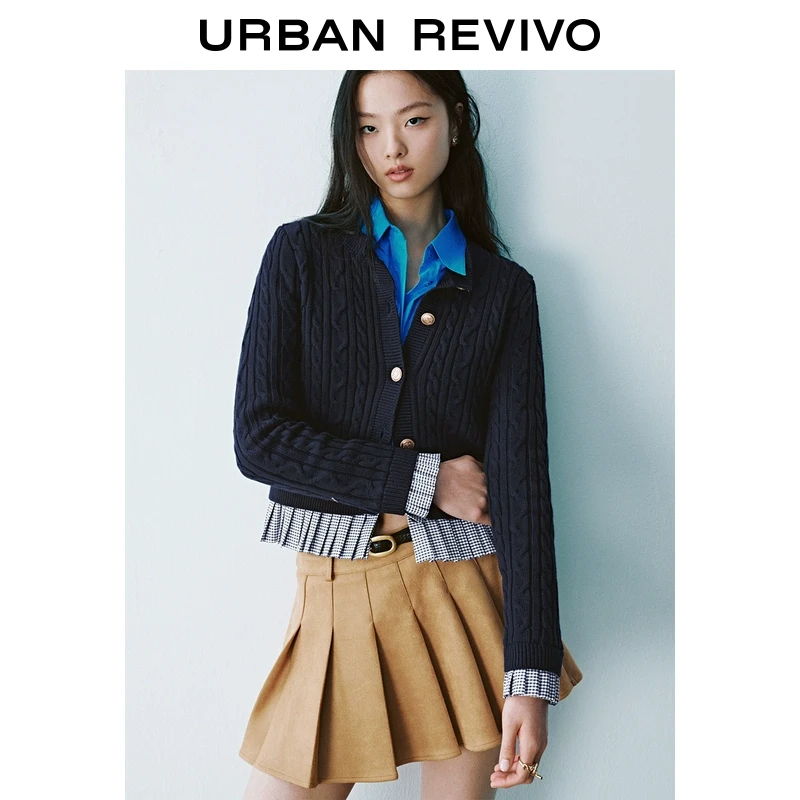 UR2025春季新品女装欧若风都市海军学院风拼接针织开衫UYU950022