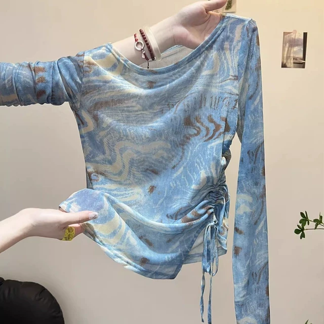 千禧风复古扎染网纱防晒衫夏季度假不规则抽绳长袖上衣设计感T恤