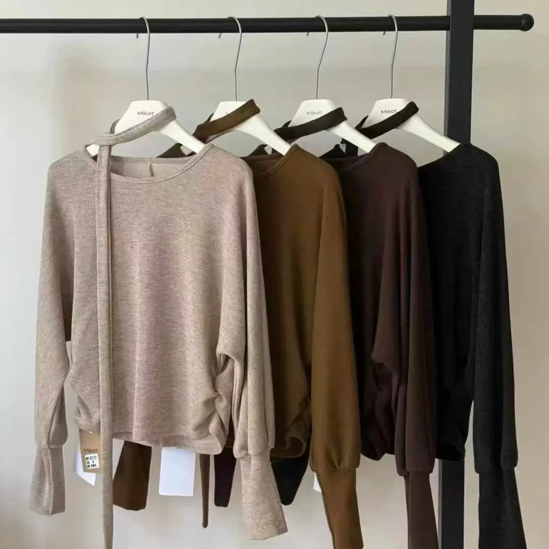 Mikot89729新款韩版气质圆领蝙蝠袖飘带宽松显瘦大码上衣
