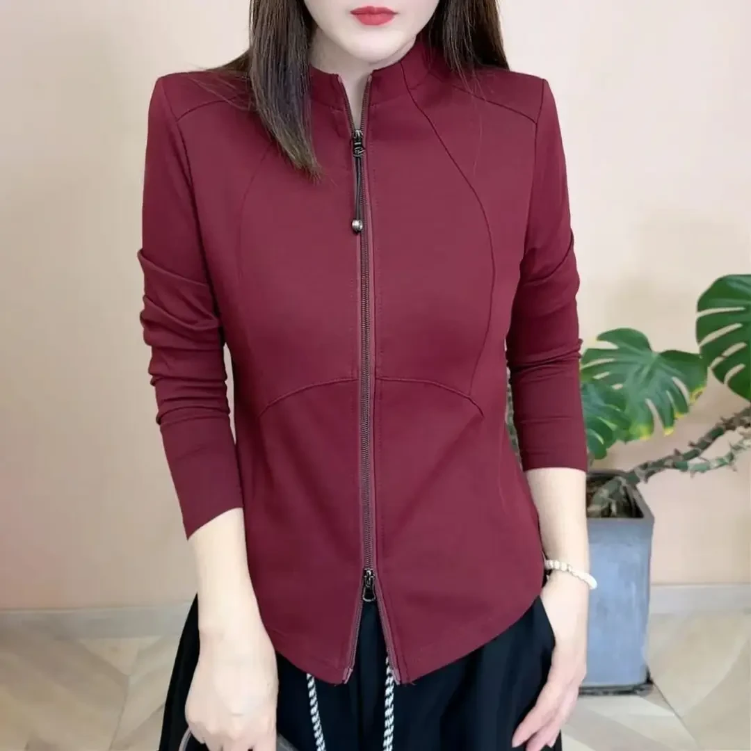 春秋新款立领双拉链百搭修身显瘦长袖气质洋气时尚开衫女士上衣0