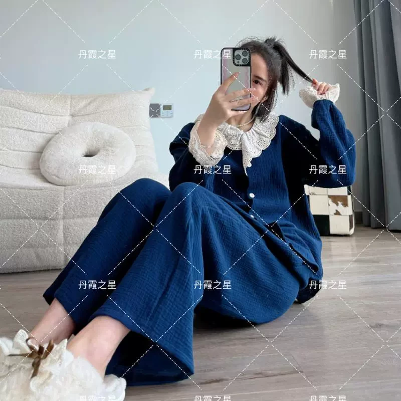 2025新款春秋季时尚休闲套装女翻领长袖阔腿裤两件套可外穿家居服