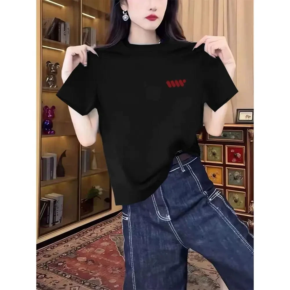 设计感小众正肩圆领短袖t恤女装2025新款时尚百搭黑色上衣夏季潮