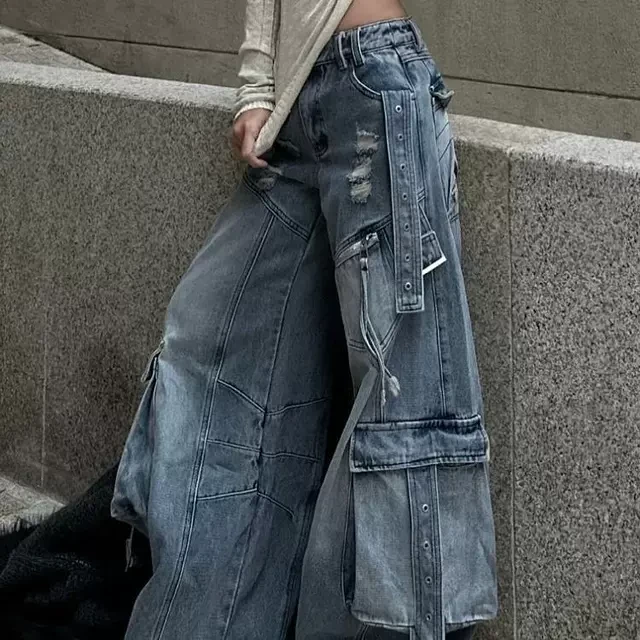 大码美式高街重工水洗多口袋工装裤女新款辣妹解构设计感拖地长裤