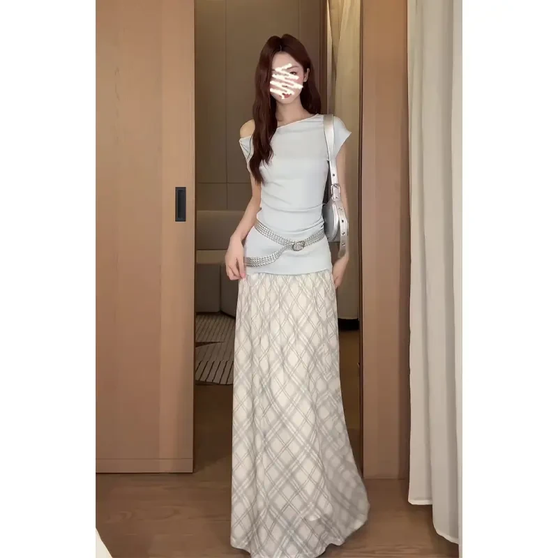 2025夏季新款女法式气质露肩设计感上衣百搭高腰显瘦格纹半身裙