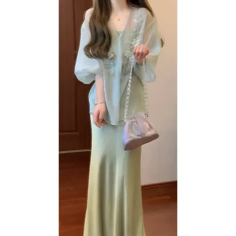 【冷杉薄荷】新中式防晒薄纱上衣&国风吊带连衣裙禅意套装裙8106