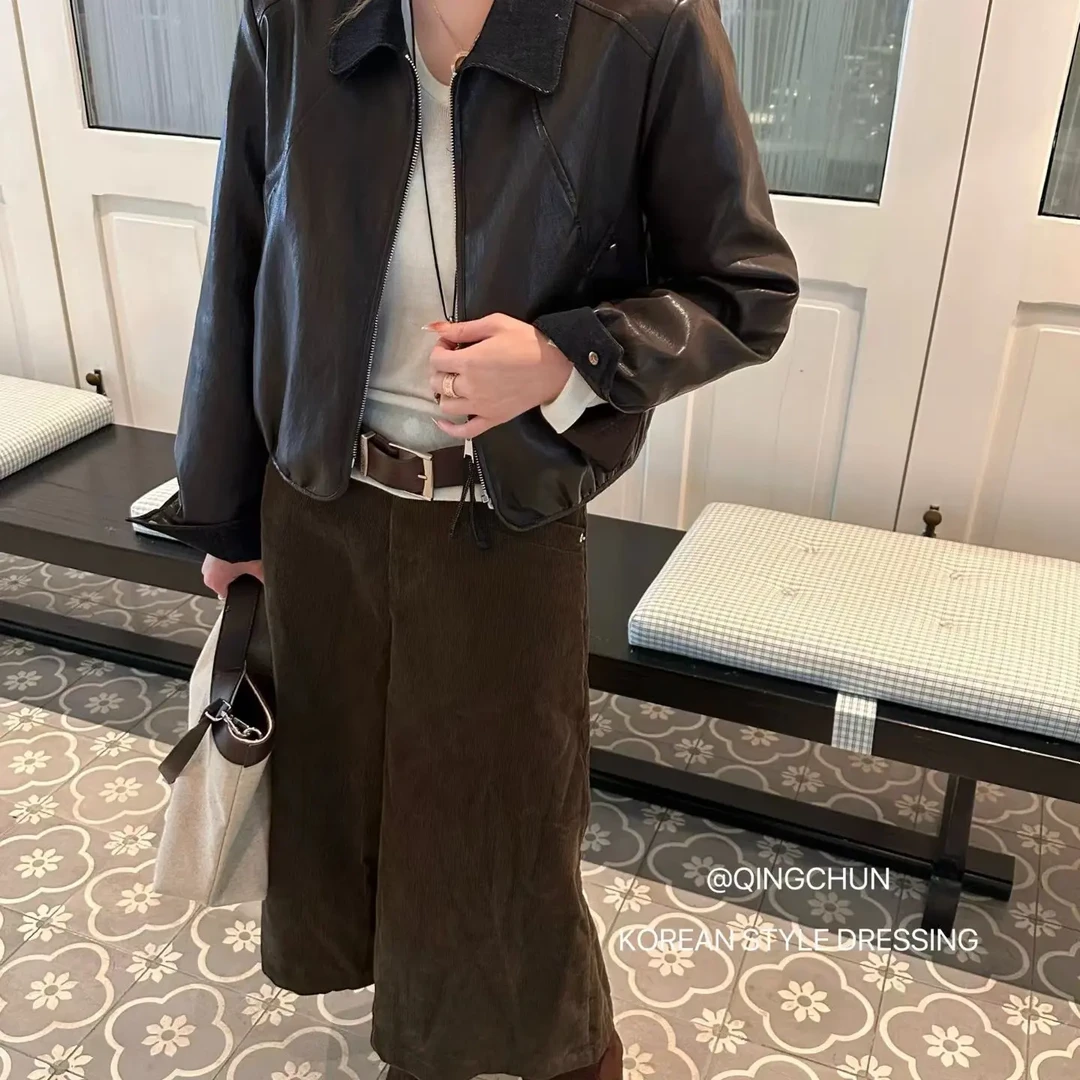 莎妞妞加棉短款皮衣翻领外套