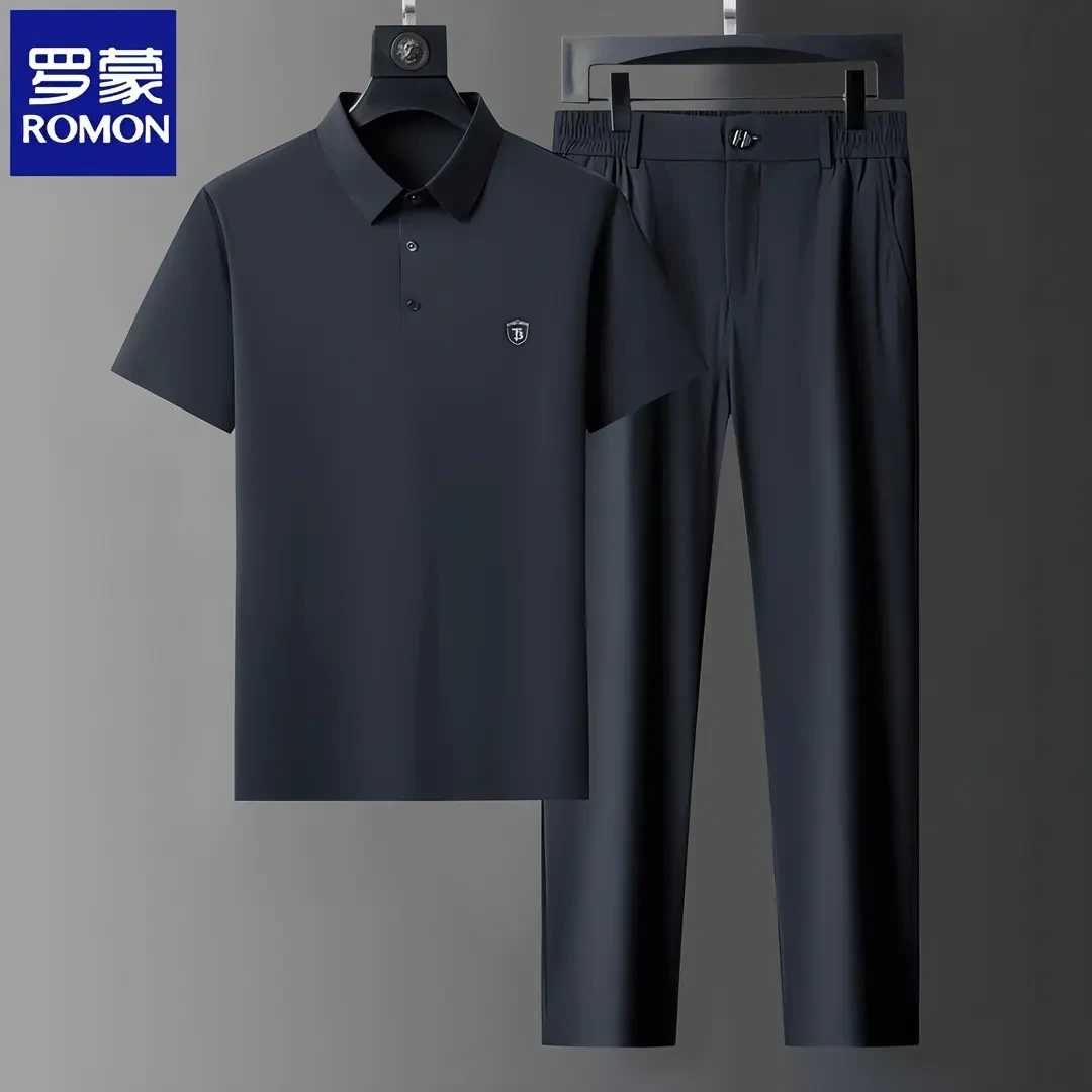 Romon/罗蒙男生爸爸男士冰丝服装套装短袖polo男士夏季休闲套装