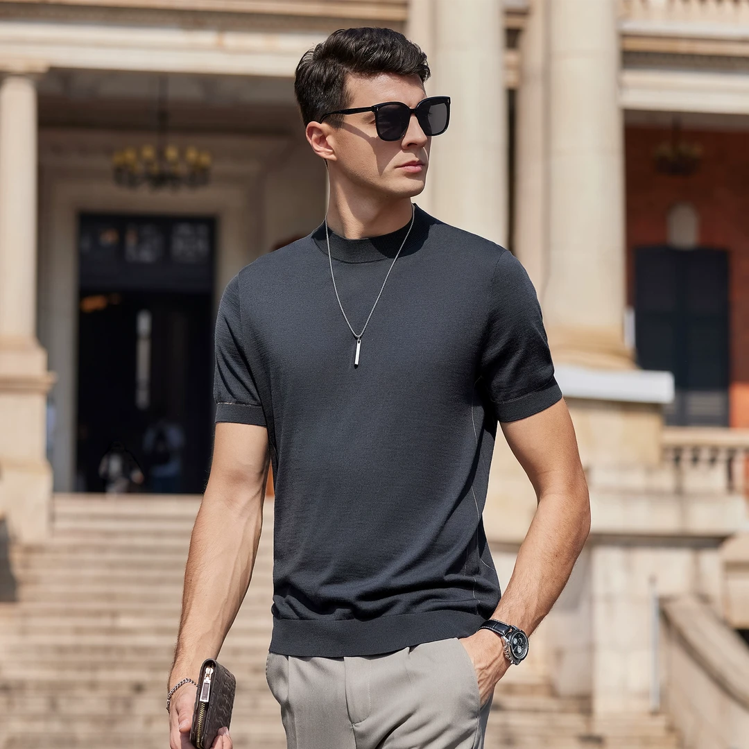 高端针织短袖T恤男半高领打底衫内搭2025春夏新款冰丝薄款上衣