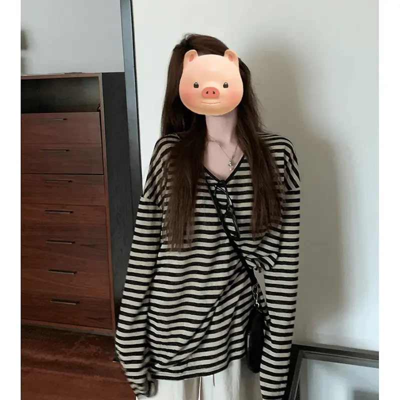 慵懒风条纹大领口喇叭袖薄款防晒长袖t恤女宽松空调罩衫百搭上衣