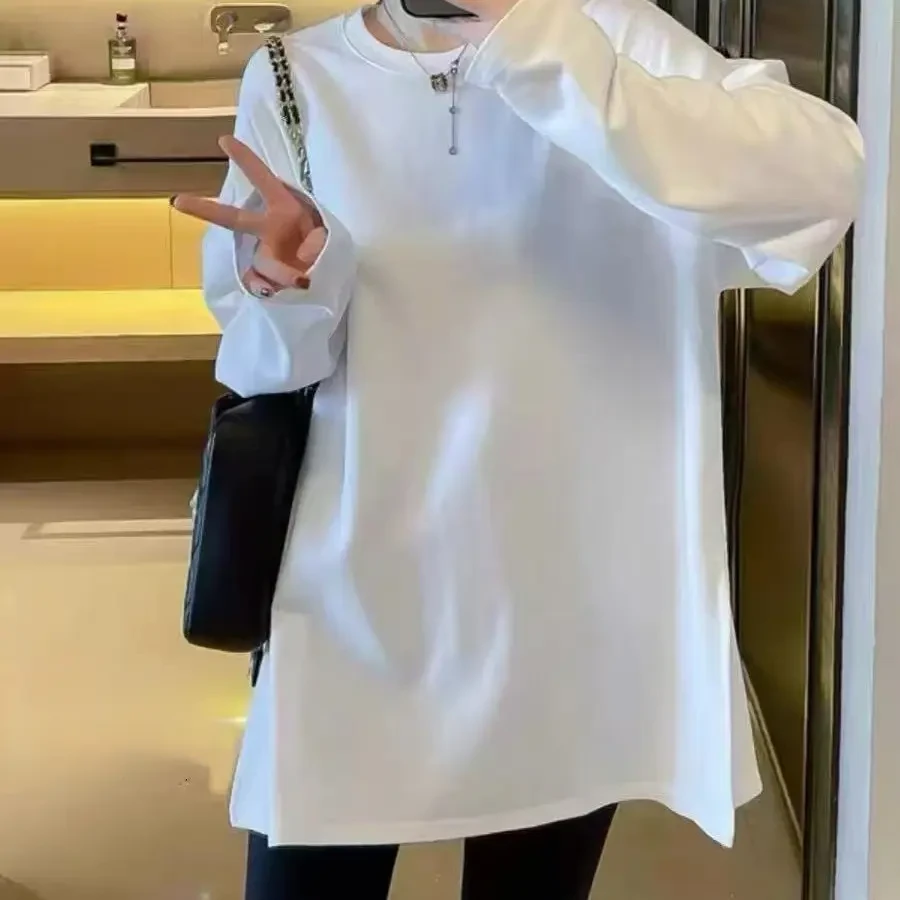 白色加绒长袖圆领打底衫侧开叉秋冬宽松中长款百搭T恤上衣