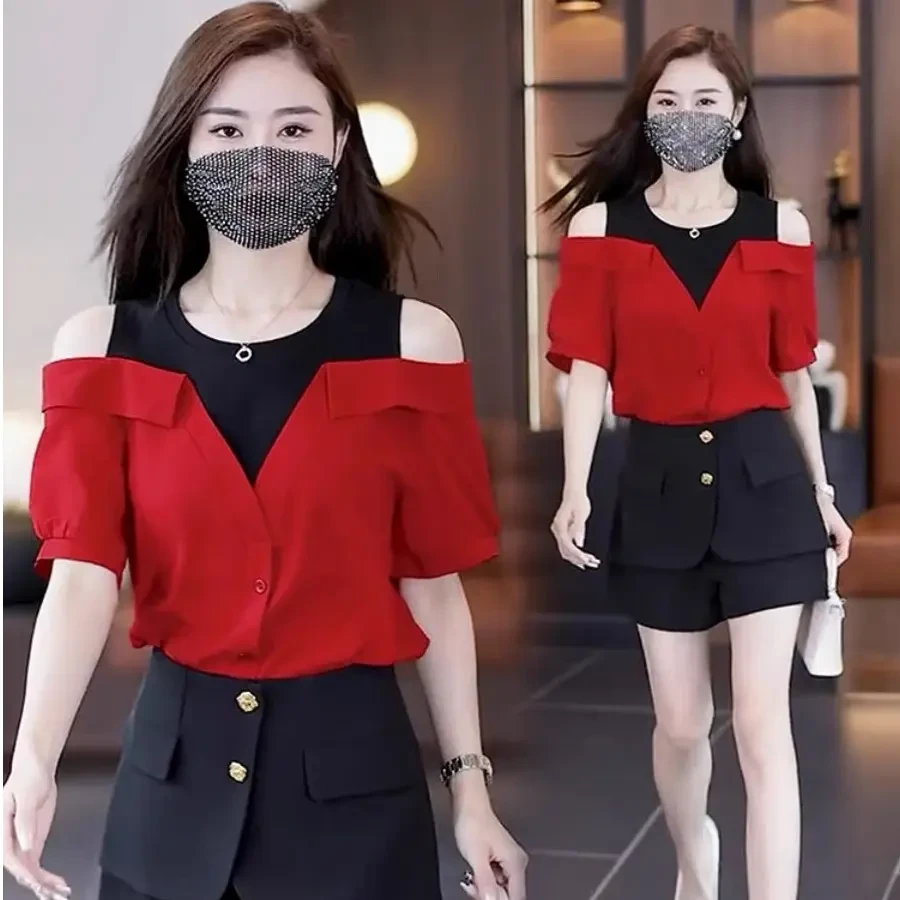 2025时尚显瘦露肩假两件衬衫洋气百搭减龄夏季宽松遮肚子短袖上衣