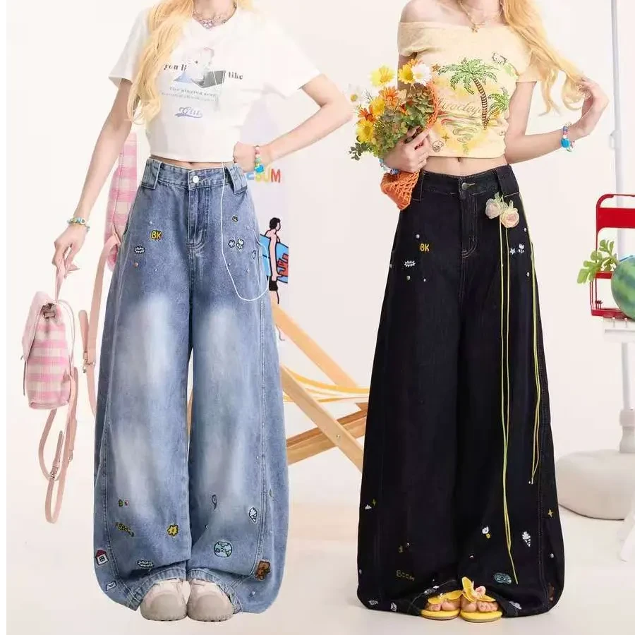 2025新款趣味卡通刺绣弯刀牛仔裤男美式复古水洗休闲裤拖地阔腿裤